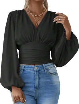 SEMATOMALA Women's Wrap V Neck Lantern Long Sleeve Cropped Blouse Dressy Elegant Ruched Shirred Shirt Tops