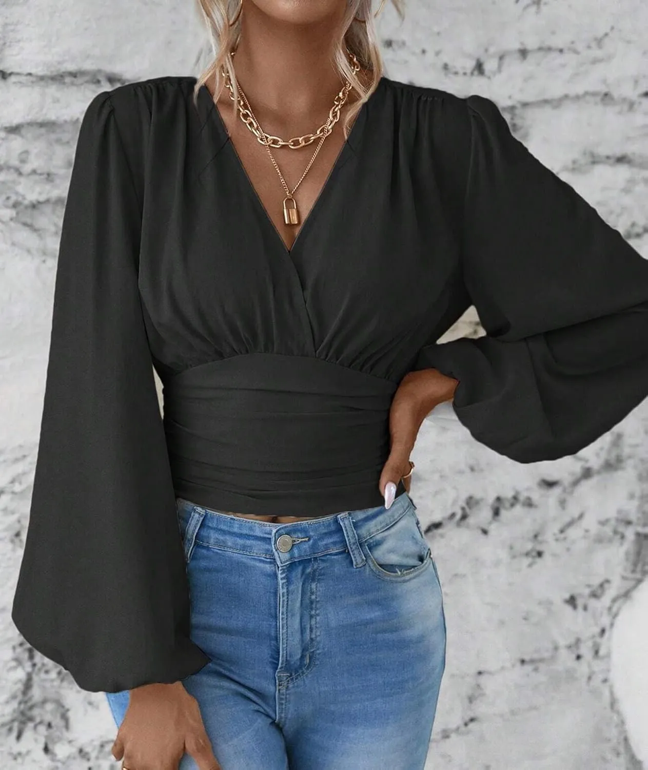 SEMATOMALA Women's Wrap V Neck Lantern Long Sleeve Cropped Blouse Dressy Elegant Ruched Shirred Shirt Tops
