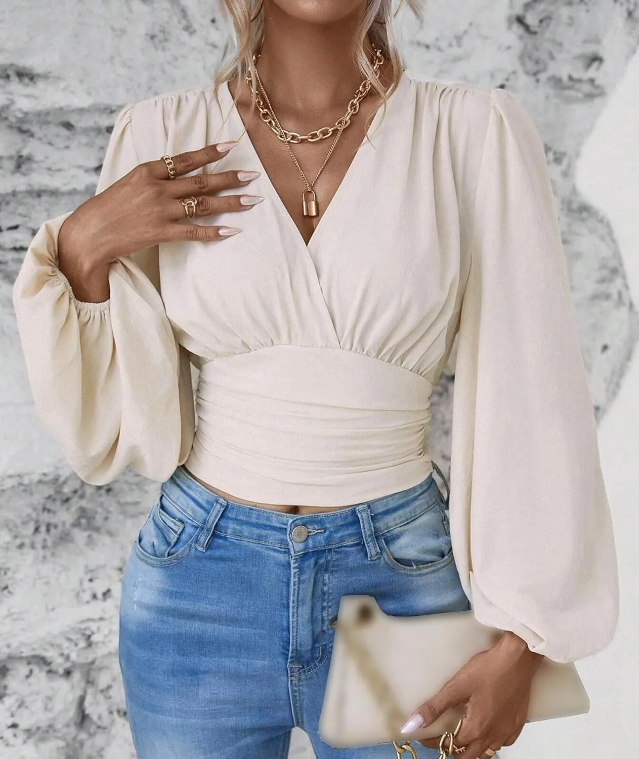 SEMATOMALA Women's Wrap V Neck Lantern Long Sleeve Cropped Blouse Dressy Elegant Ruched Shirred Shirt Tops