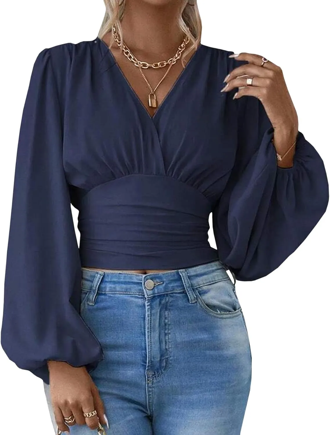 SEMATOMALA Women's Wrap V Neck Lantern Long Sleeve Cropped Blouse Dressy Elegant Ruched Shirred Shirt Tops