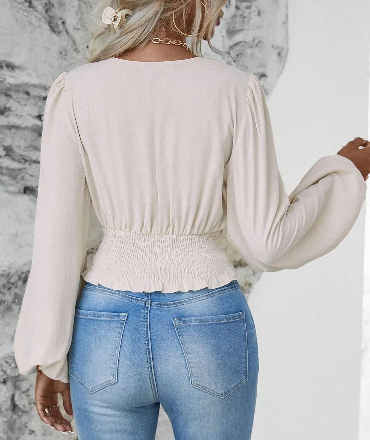 SEMATOMALA Women's Wrap V Neck Lantern Long Sleeve Cropped Blouse Dressy Elegant Ruched Shirred Shirt Tops