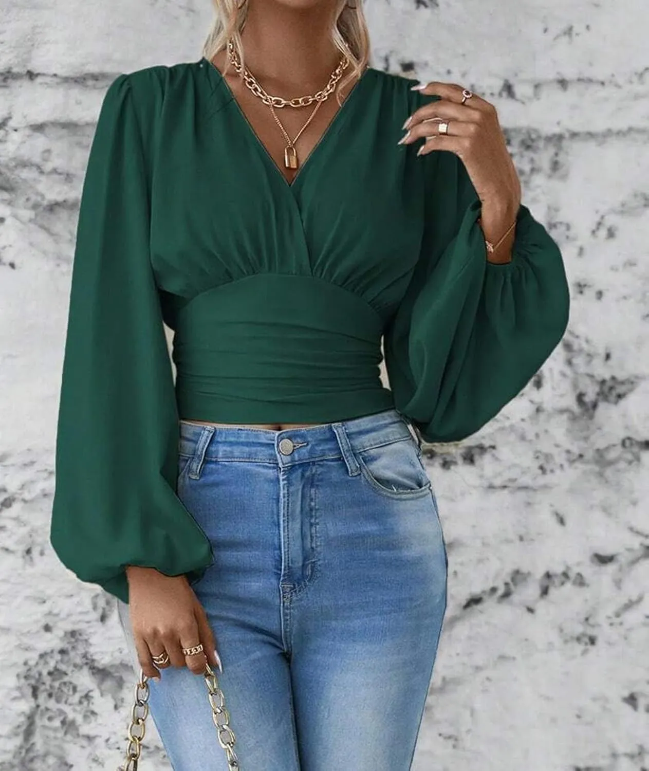 SEMATOMALA Women's Wrap V Neck Lantern Long Sleeve Cropped Blouse Dressy Elegant Ruched Shirred Shirt Tops