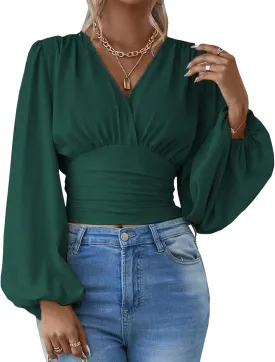 SEMATOMALA Women's Wrap V Neck Lantern Long Sleeve Cropped Blouse Dressy Elegant Ruched Shirred Shirt Tops