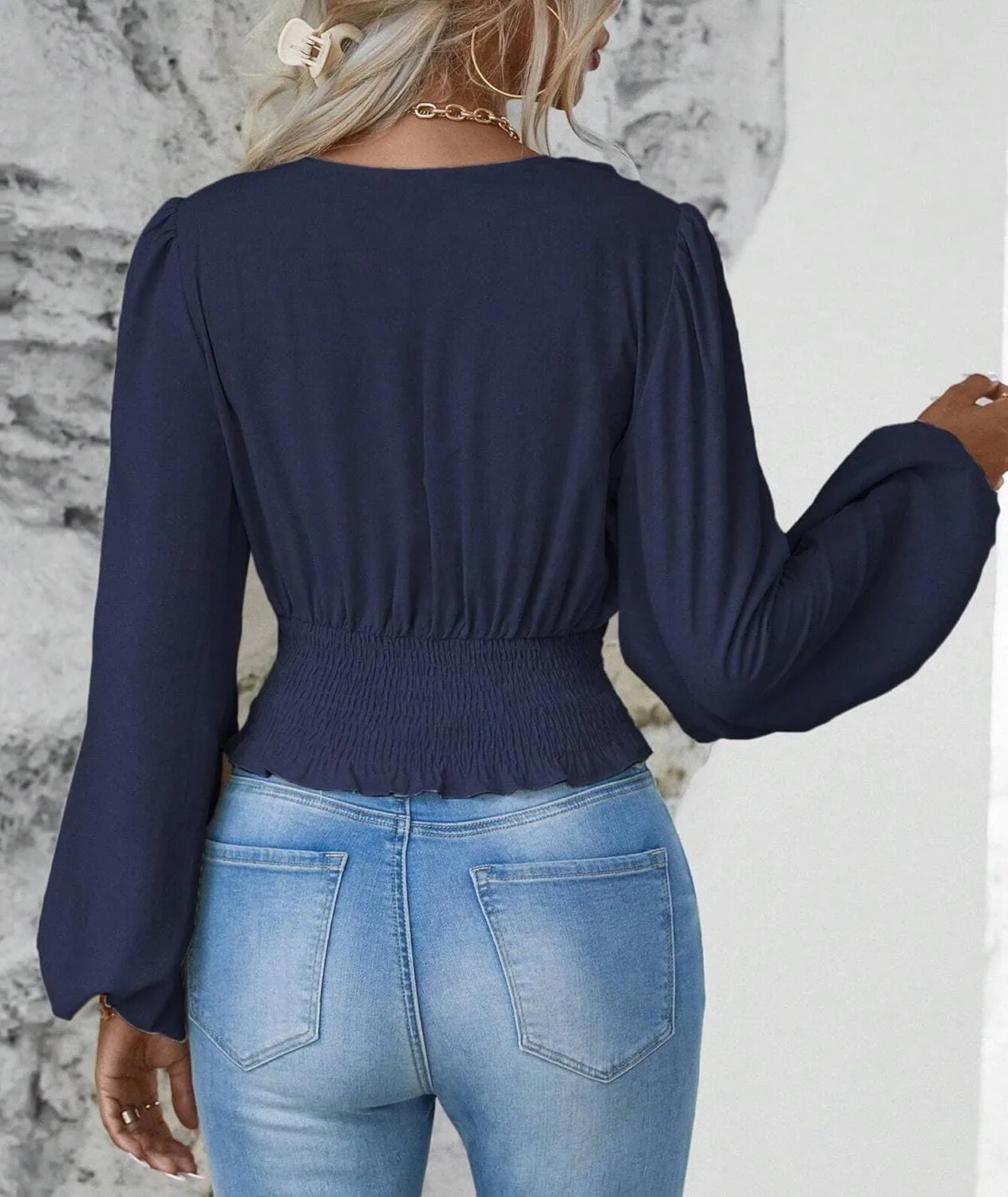 SEMATOMALA Women's Wrap V Neck Lantern Long Sleeve Cropped Blouse Dressy Elegant Ruched Shirred Shirt Tops