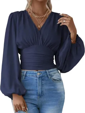 SEMATOMALA Women's Wrap V Neck Lantern Long Sleeve Cropped Blouse Dressy Elegant Ruched Shirred Shirt Tops
