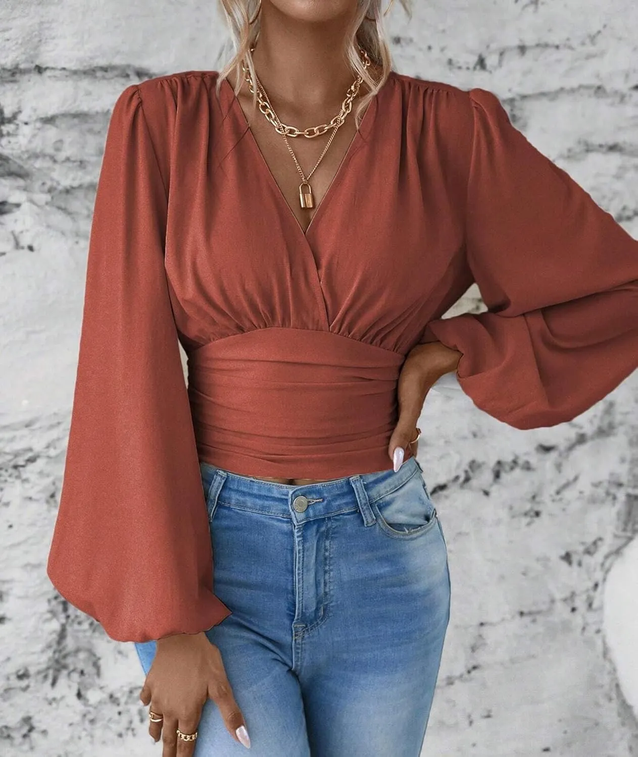 SEMATOMALA Women's Wrap V Neck Lantern Long Sleeve Cropped Blouse Dressy Elegant Ruched Shirred Shirt Tops