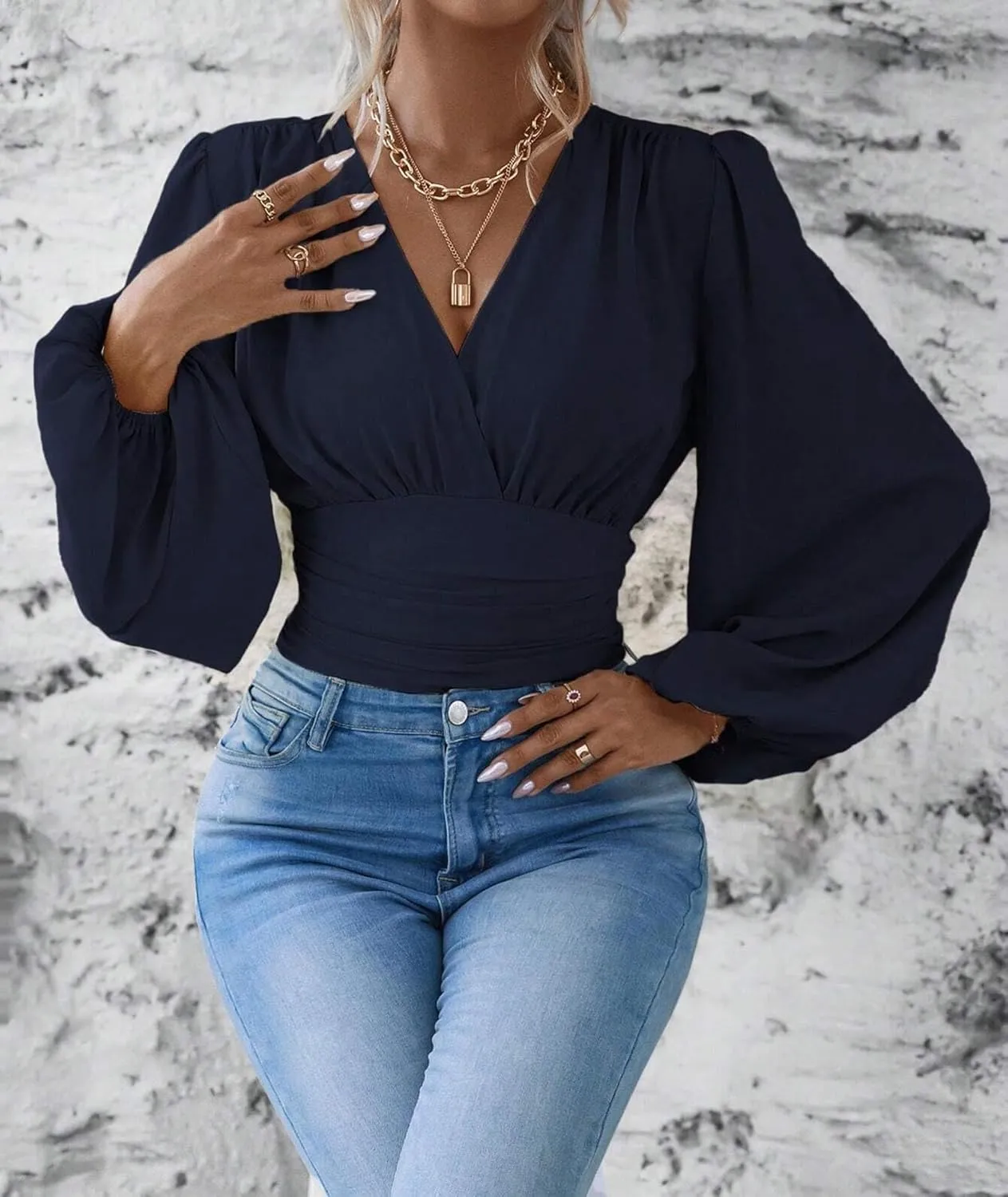 SEMATOMALA Women's Wrap V Neck Lantern Long Sleeve Cropped Blouse Dressy Elegant Ruched Shirred Shirt Tops