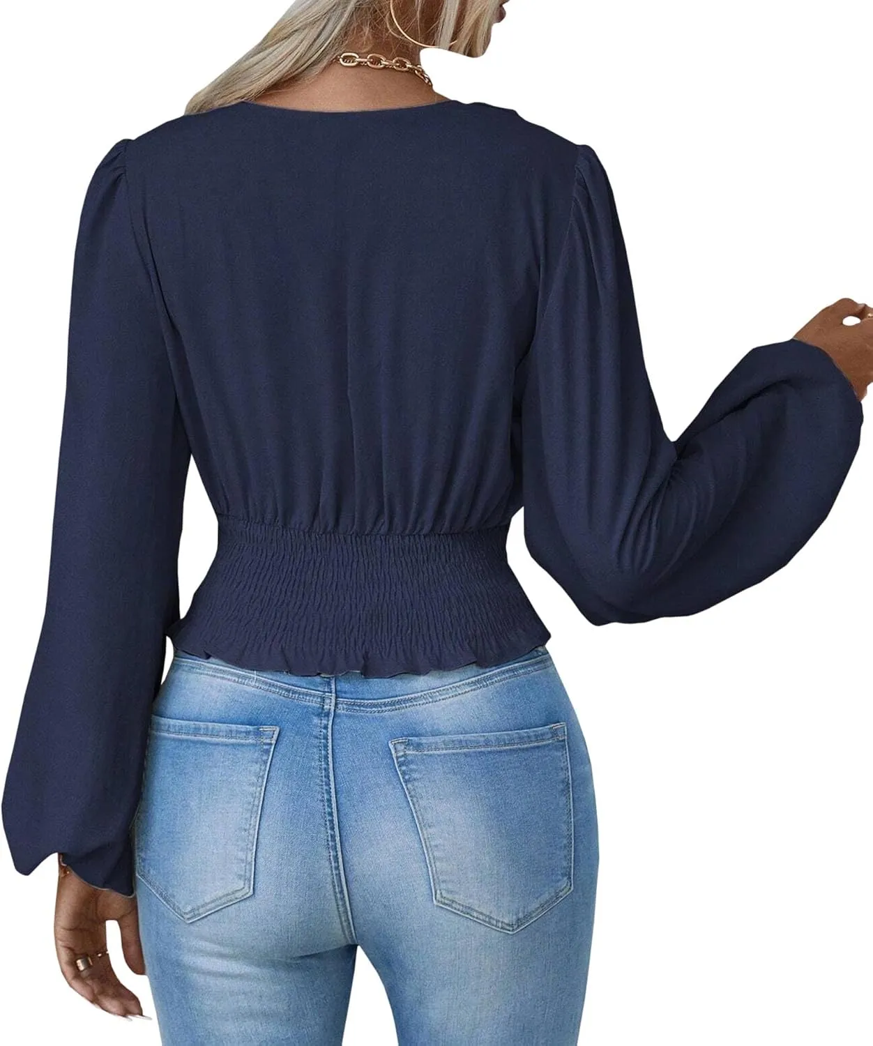 SEMATOMALA Women's Wrap V Neck Lantern Long Sleeve Cropped Blouse Dressy Elegant Ruched Shirred Shirt Tops