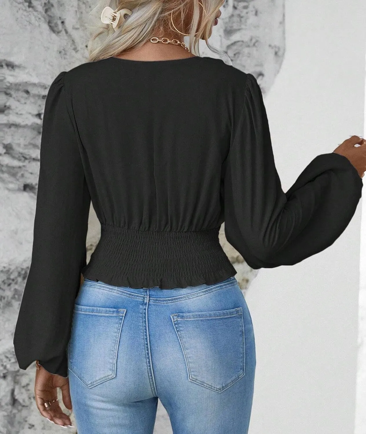 SEMATOMALA Women's Wrap V Neck Lantern Long Sleeve Cropped Blouse Dressy Elegant Ruched Shirred Shirt Tops