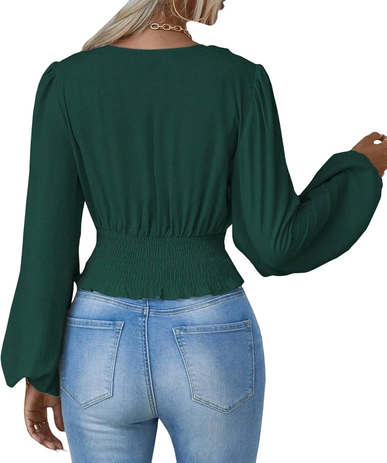 SEMATOMALA Women's Wrap V Neck Lantern Long Sleeve Cropped Blouse Dressy Elegant Ruched Shirred Shirt Tops