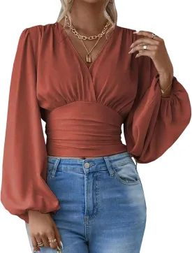 SEMATOMALA Women's Wrap V Neck Lantern Long Sleeve Cropped Blouse Dressy Elegant Ruched Shirred Shirt Tops