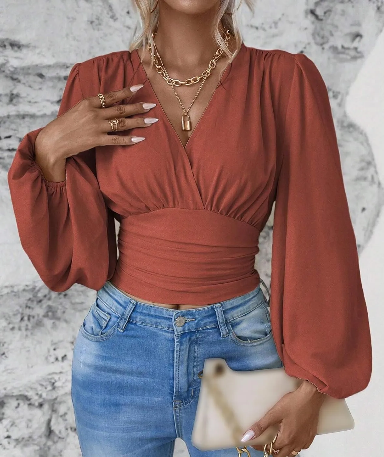 SEMATOMALA Women's Wrap V Neck Lantern Long Sleeve Cropped Blouse Dressy Elegant Ruched Shirred Shirt Tops