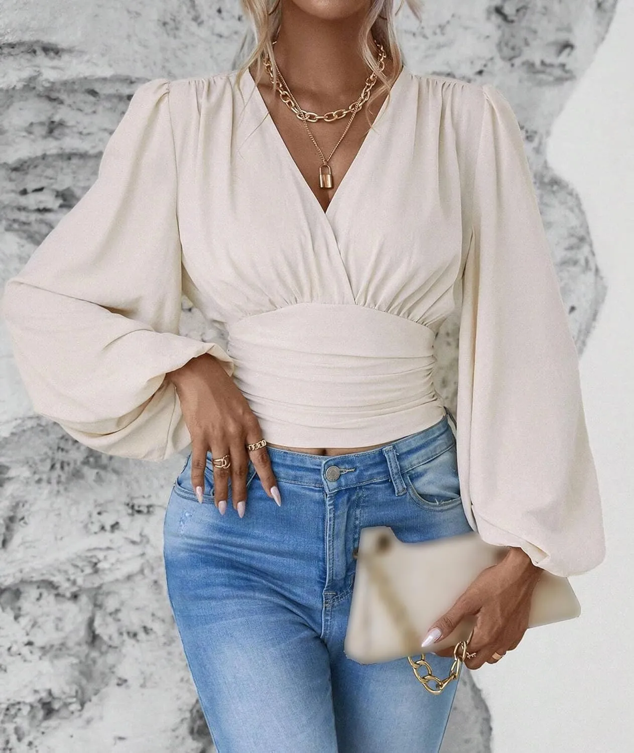 SEMATOMALA Women's Wrap V Neck Lantern Long Sleeve Cropped Blouse Dressy Elegant Ruched Shirred Shirt Tops