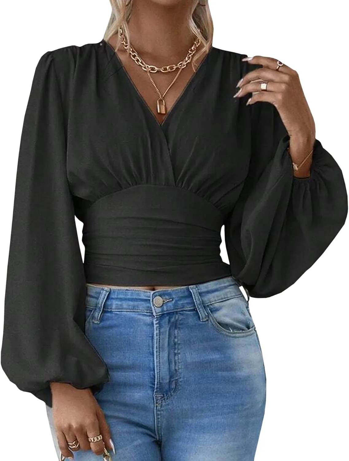 SEMATOMALA Women's Wrap V Neck Lantern Long Sleeve Cropped Blouse Dressy Elegant Ruched Shirred Shirt Tops