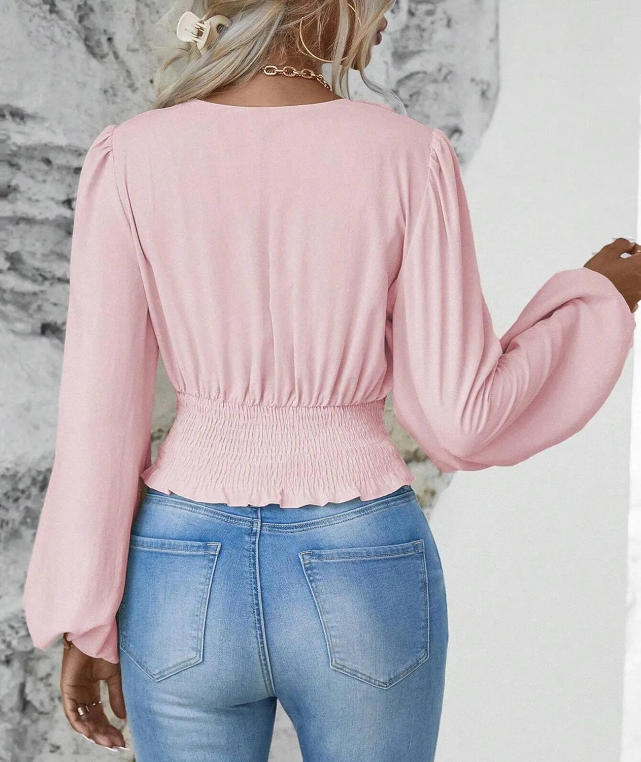 SEMATOMALA Women's Wrap V Neck Lantern Long Sleeve Cropped Blouse Dressy Elegant Ruched Shirred Shirt Tops