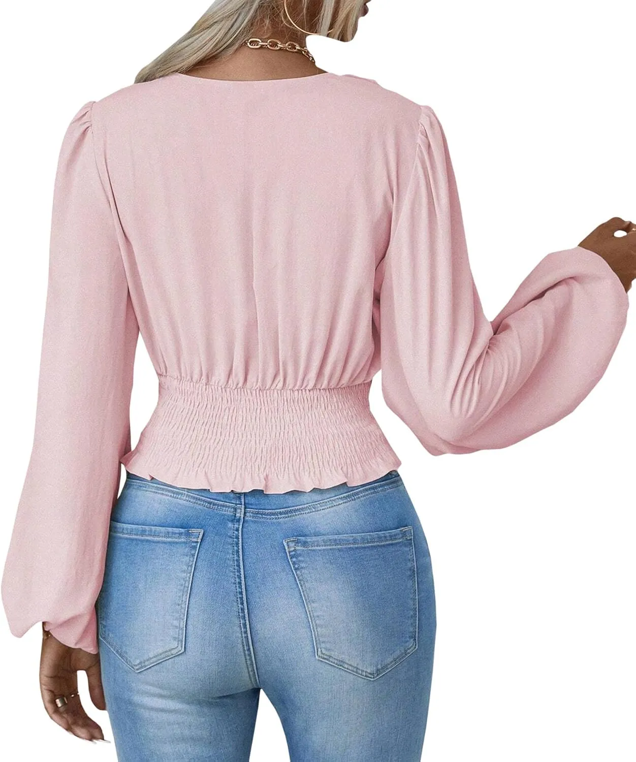 SEMATOMALA Women's Wrap V Neck Lantern Long Sleeve Cropped Blouse Dressy Elegant Ruched Shirred Shirt Tops