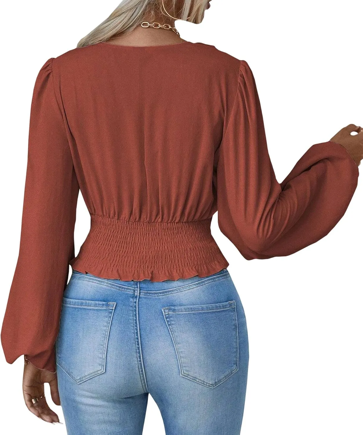 SEMATOMALA Women's Wrap V Neck Lantern Long Sleeve Cropped Blouse Dressy Elegant Ruched Shirred Shirt Tops