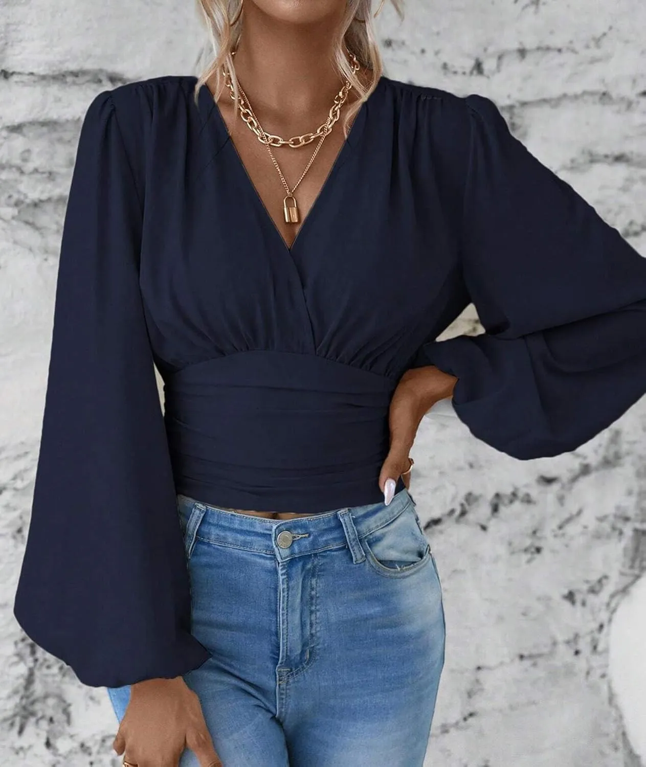 SEMATOMALA Women's Wrap V Neck Lantern Long Sleeve Cropped Blouse Dressy Elegant Ruched Shirred Shirt Tops