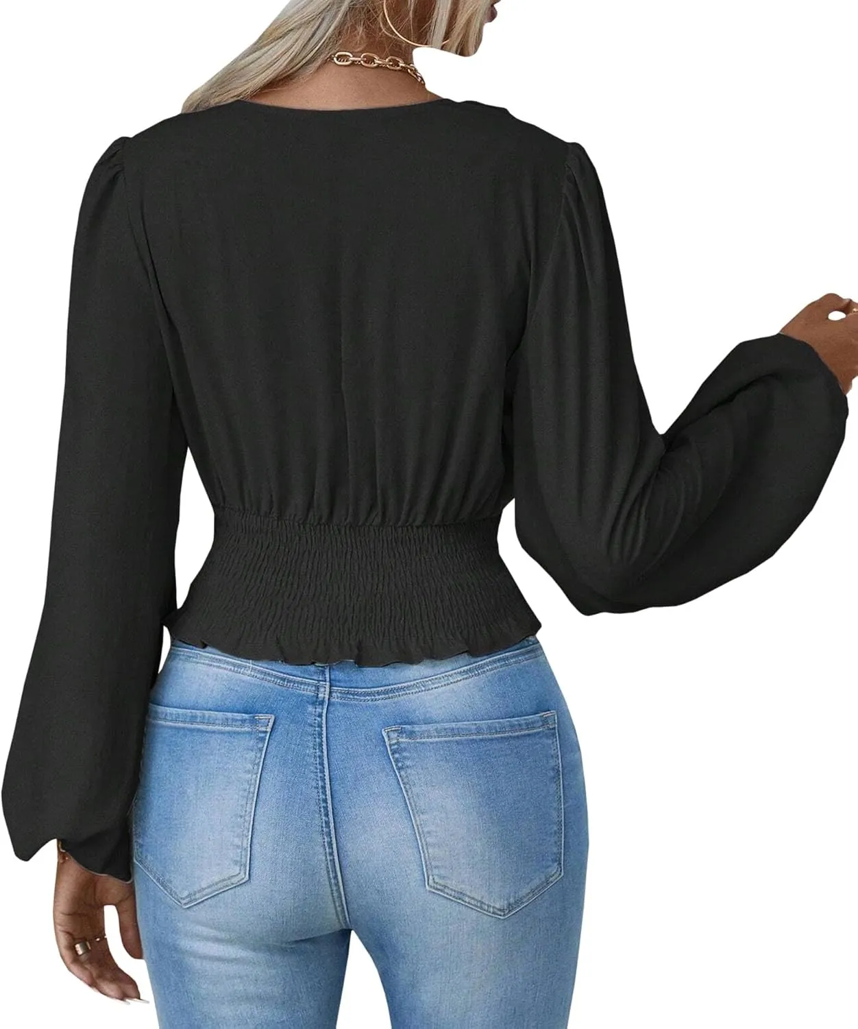 SEMATOMALA Women's Wrap V Neck Lantern Long Sleeve Cropped Blouse Dressy Elegant Ruched Shirred Shirt Tops