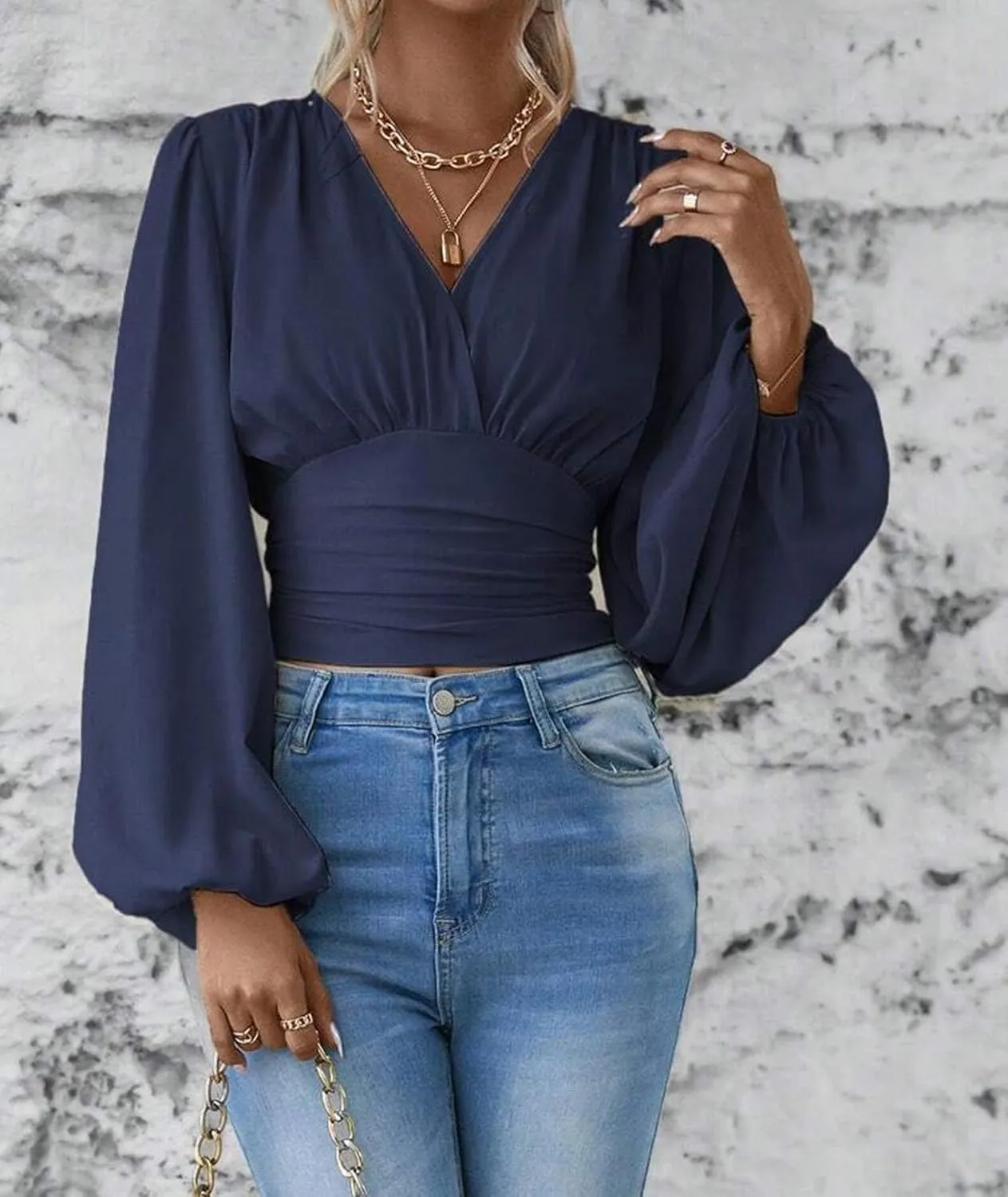 SEMATOMALA Women's Wrap V Neck Lantern Long Sleeve Cropped Blouse Dressy Elegant Ruched Shirred Shirt Tops