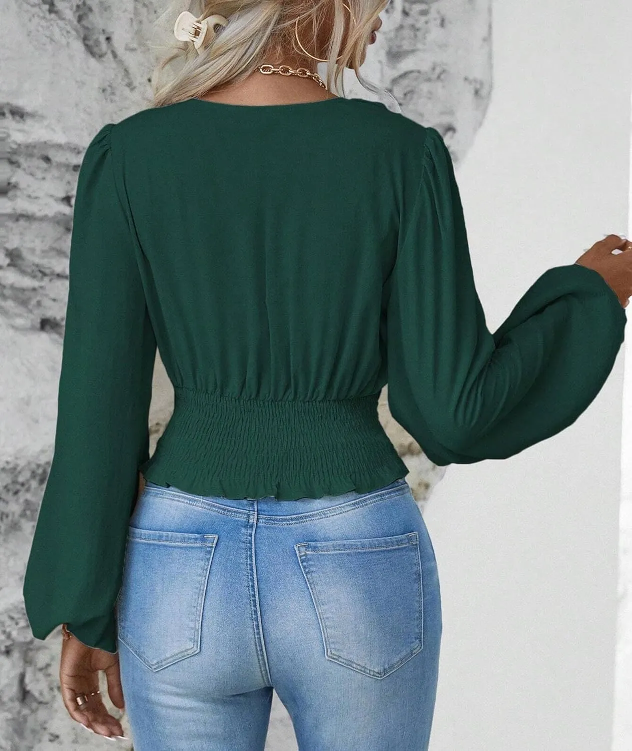 SEMATOMALA Women's Wrap V Neck Lantern Long Sleeve Cropped Blouse Dressy Elegant Ruched Shirred Shirt Tops