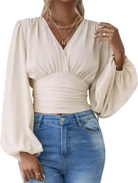 SEMATOMALA Women's Wrap V Neck Lantern Long Sleeve Cropped Blouse Dressy Elegant Ruched Shirred Shirt Tops