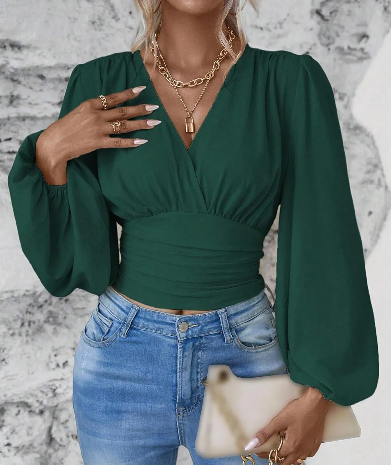 SEMATOMALA Women's Wrap V Neck Lantern Long Sleeve Cropped Blouse Dressy Elegant Ruched Shirred Shirt Tops