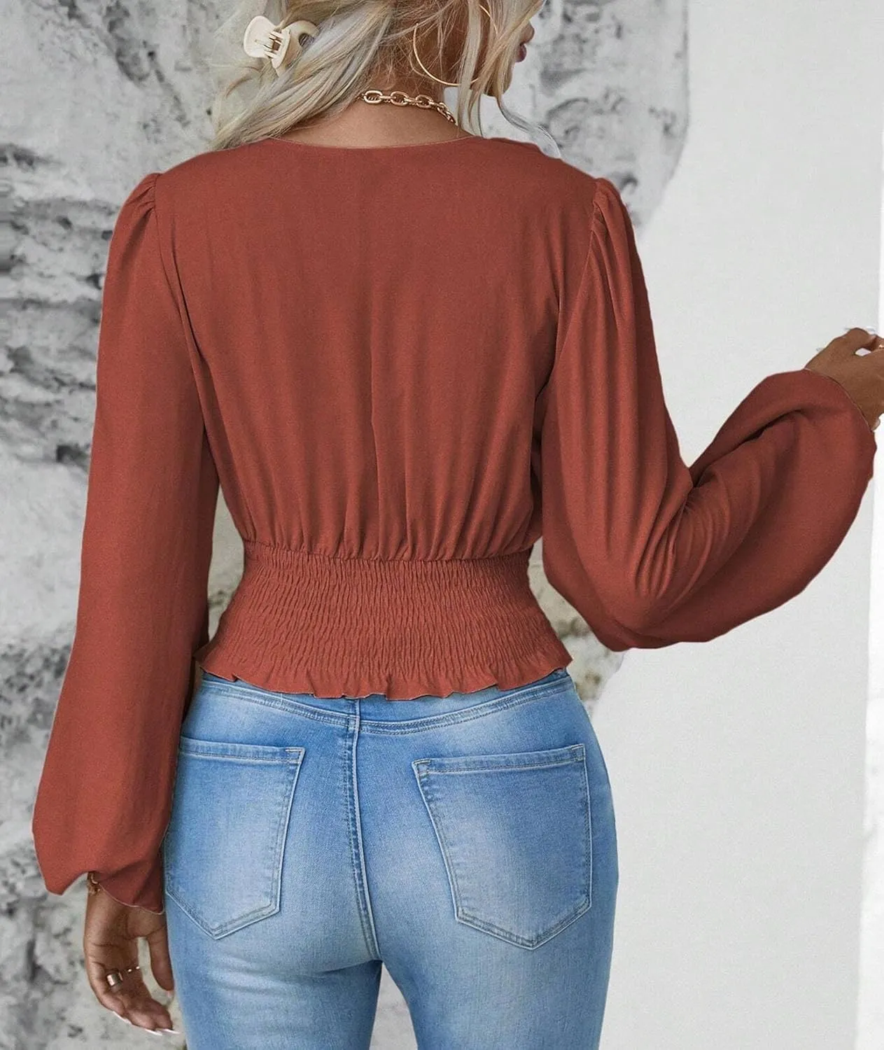SEMATOMALA Women's Wrap V Neck Lantern Long Sleeve Cropped Blouse Dressy Elegant Ruched Shirred Shirt Tops