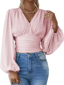 SEMATOMALA Women's Wrap V Neck Lantern Long Sleeve Cropped Blouse Dressy Elegant Ruched Shirred Shirt Tops