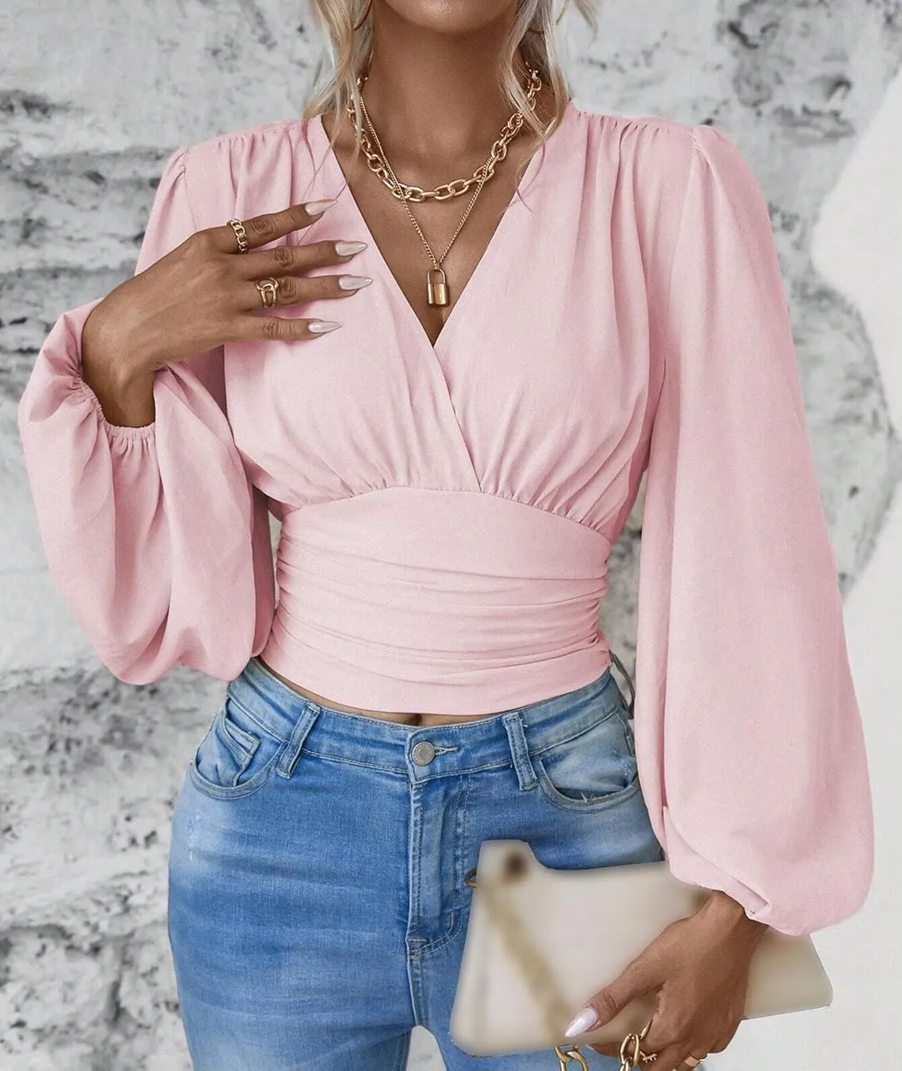 SEMATOMALA Women's Wrap V Neck Lantern Long Sleeve Cropped Blouse Dressy Elegant Ruched Shirred Shirt Tops