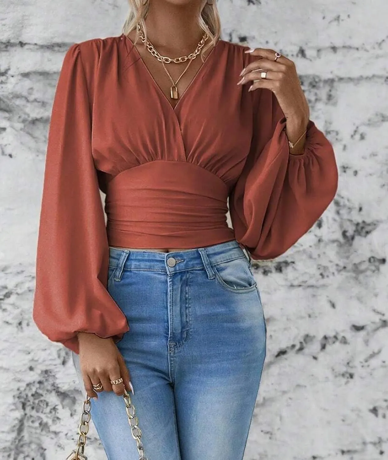 SEMATOMALA Women's Wrap V Neck Lantern Long Sleeve Cropped Blouse Dressy Elegant Ruched Shirred Shirt Tops