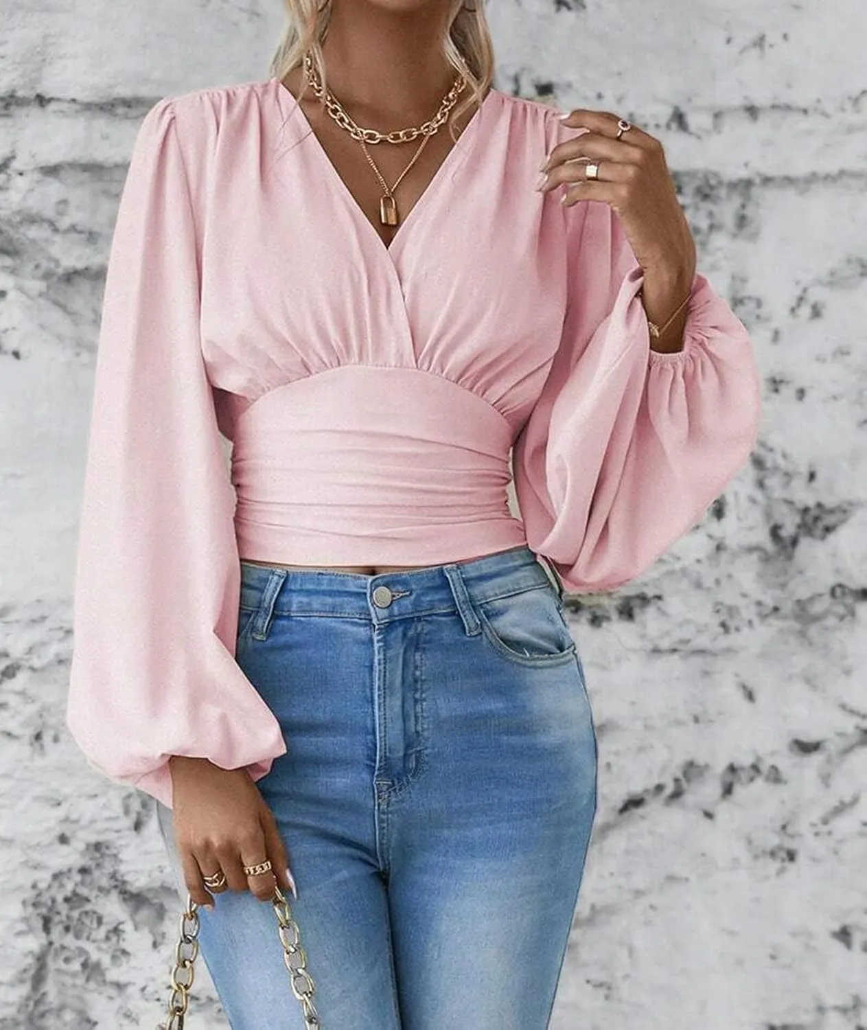 SEMATOMALA Women's Wrap V Neck Lantern Long Sleeve Cropped Blouse Dressy Elegant Ruched Shirred Shirt Tops