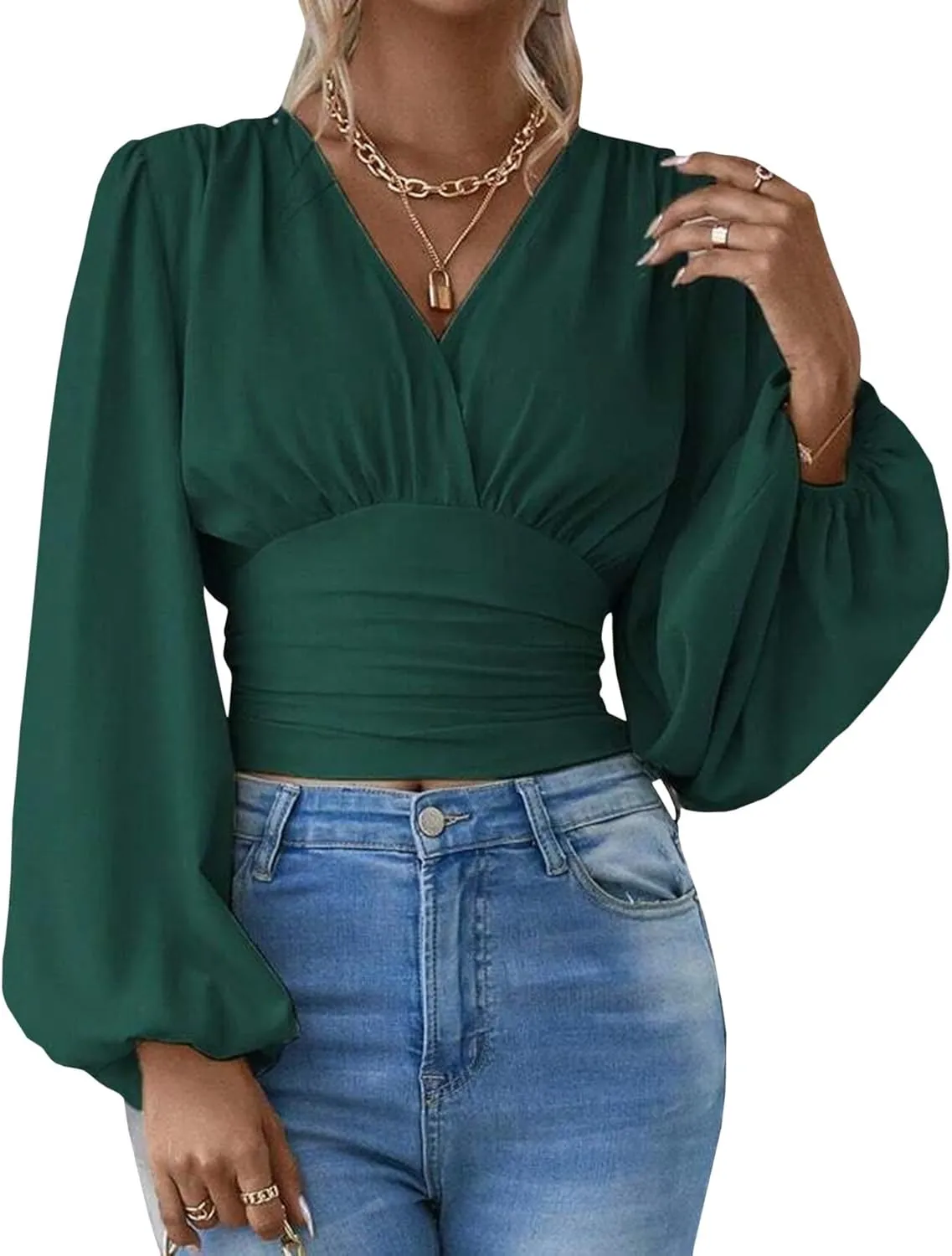 SEMATOMALA Women's Wrap V Neck Lantern Long Sleeve Cropped Blouse Dressy Elegant Ruched Shirred Shirt Tops