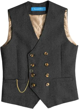 SevenBoy Men's Casual Suit Vest Regular Fit Wool Herringbone Waistcoat For Wedding and Party