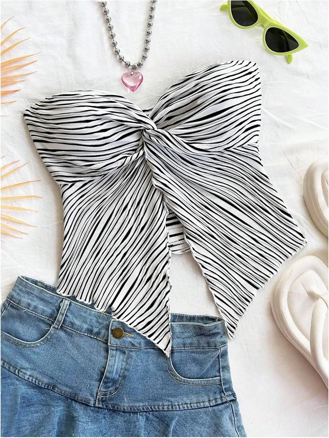 SHENHE Women's Twist Knot Front Split Hem Tube Top Strapless Asymmetrical Boho Bandeau Crop Top