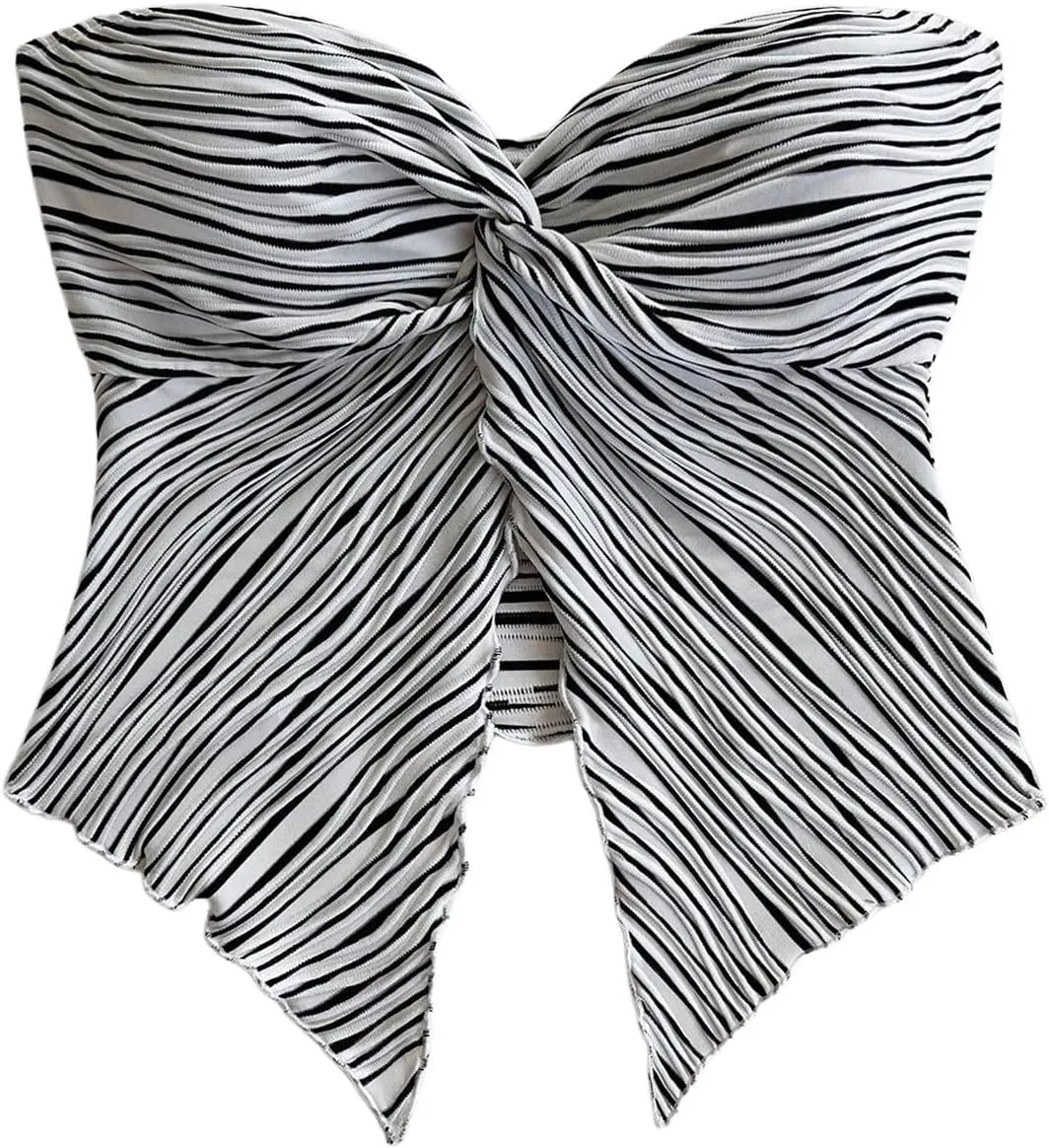 SHENHE Women's Twist Knot Front Split Hem Tube Top Strapless Asymmetrical Boho Bandeau Crop Top