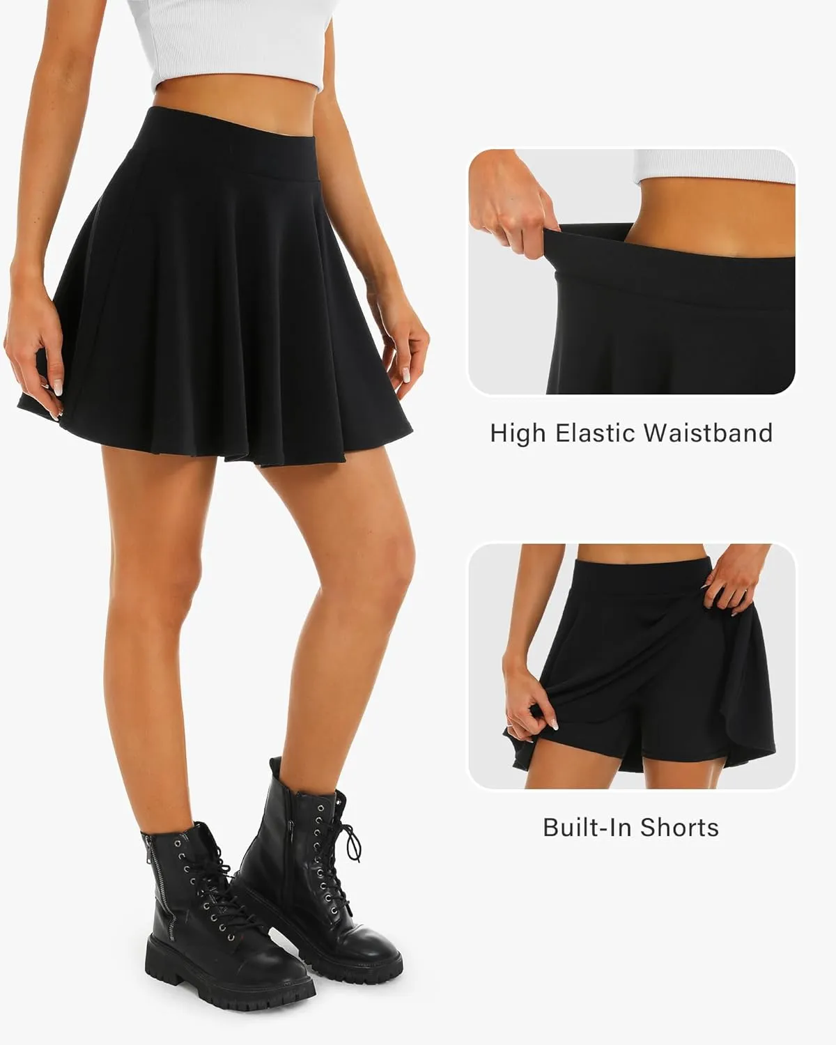 Stelle Women's Casual Skirt with Shorts Basic Versatile Stretchy Flared Pleated Skater Mini Skirts