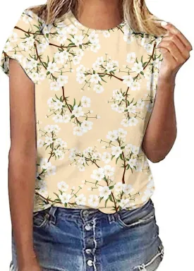 Summer Floral Tops for Women Short Sleeve Graphic Tees Round Neck Boho Shirts Loose Fit Casual Tshirt Trendy Blouse
