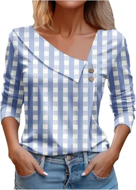 T Shirts for Women Fashion Checked 3/4 Sleeve Tops Loose V Neck Trendy Business Office Casual Pullover Blouses