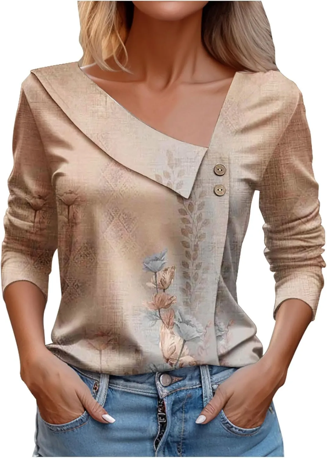 T Shirts for Women Fashion Checked 3/4 Sleeve Tops Loose V Neck Trendy Business Office Casual Pullover Blouses