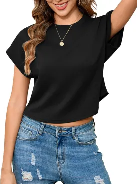 Totatuit Women Cute Cropped T-Shirts Short Sleeve Boxy Crewneck Summer Tee Shirts Basic Solid Workout Gym Tops