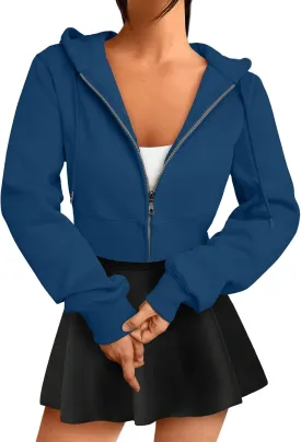 Trendy Queen Womens Zip Up Cropped Hoodies Long Sleeve Sweatshirts Jackets Fall Fashion 2024 Y2k Winter Clothes