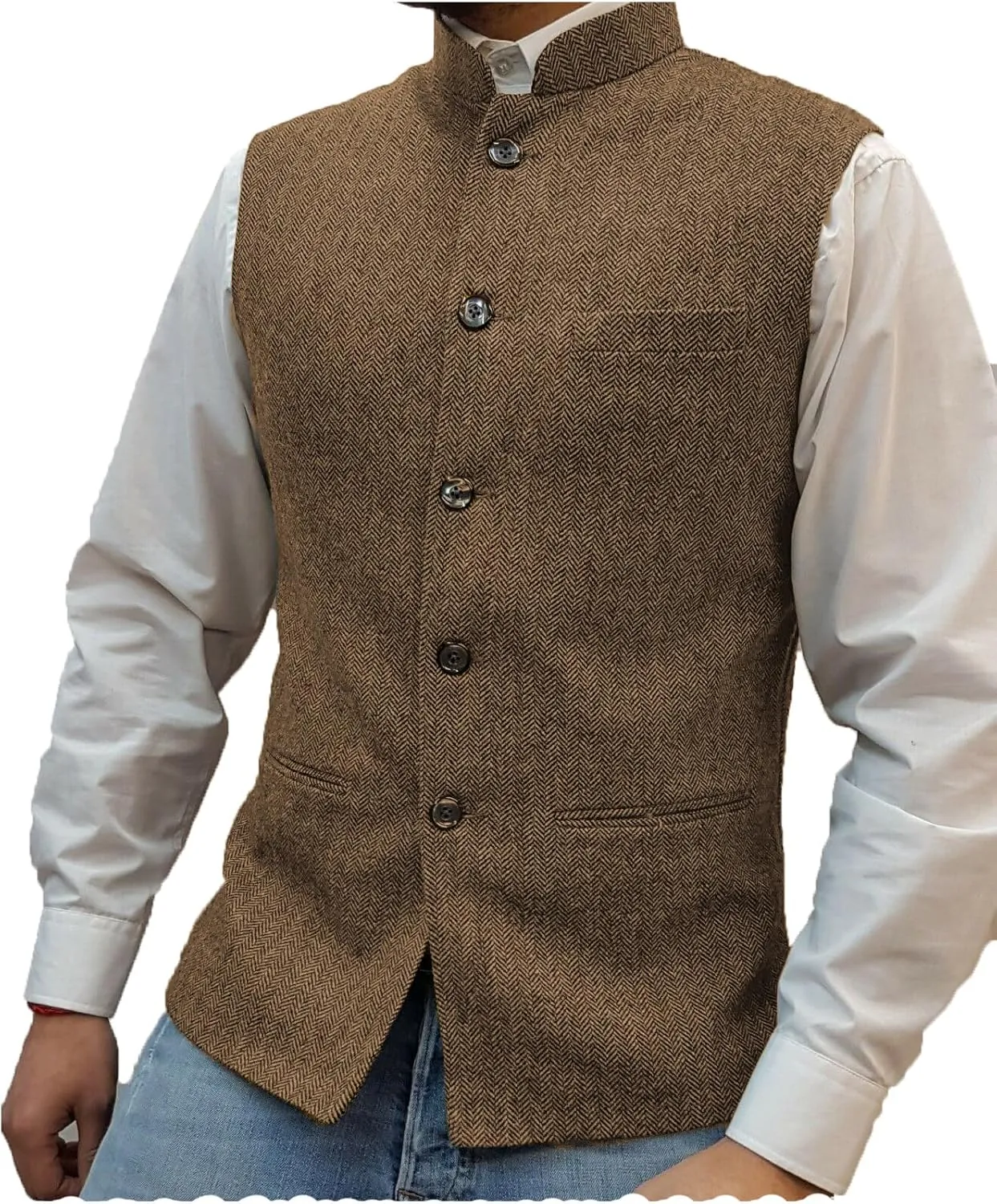 Tuikayoo Mens Herringbone Wool Vests Suit Business Tweed High Collar Waistcoats Slim Fit