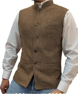 Tuikayoo Mens Herringbone Wool Vests Suit Business Tweed High Collar Waistcoats Slim Fit