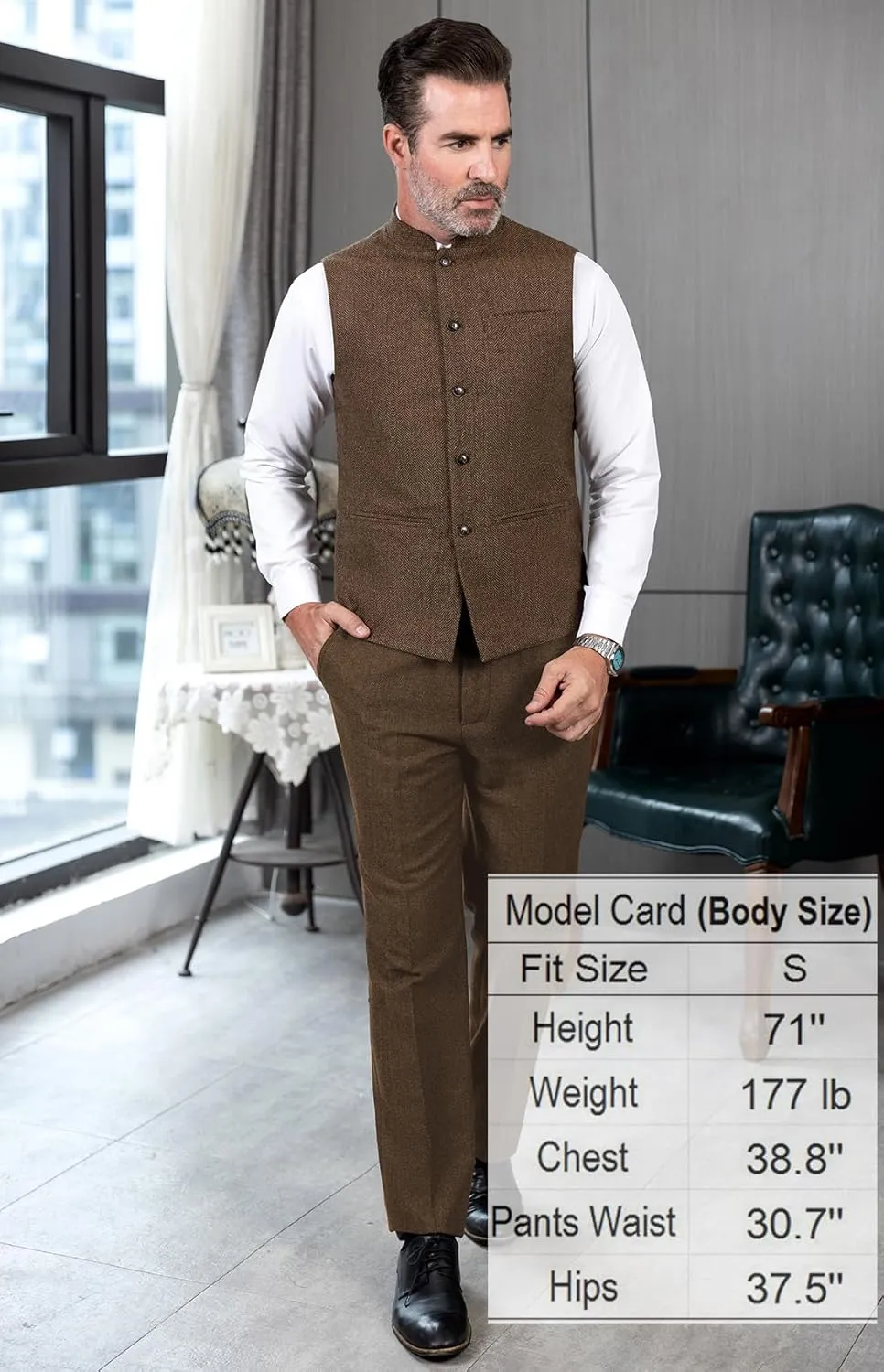 Tuikayoo Mens Herringbone Wool Vests Suit Business Tweed High Collar Waistcoats Slim Fit