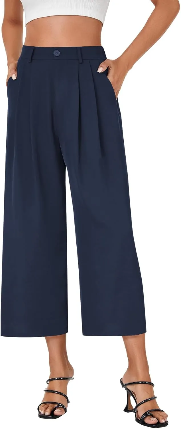 Vrtige Women's Casual High Waist Pleated Wide Leg Cropped Pants Trousers with Pocket