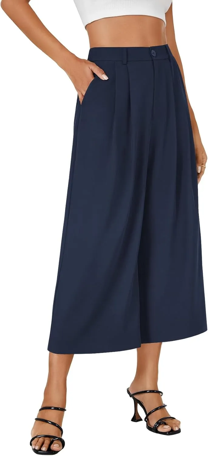 Vrtige Women's Casual High Waist Pleated Wide Leg Cropped Pants Trousers with Pocket