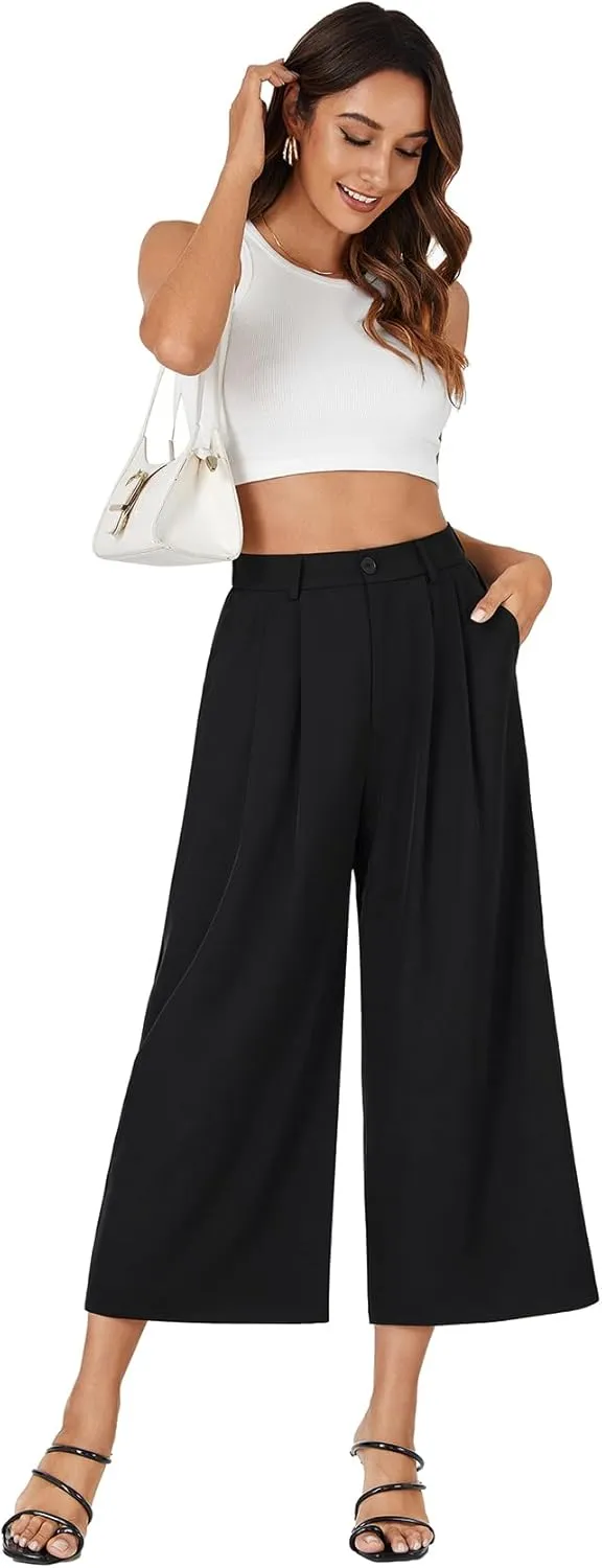 Vrtige Women's Casual High Waist Pleated Wide Leg Cropped Pants Trousers with Pocket