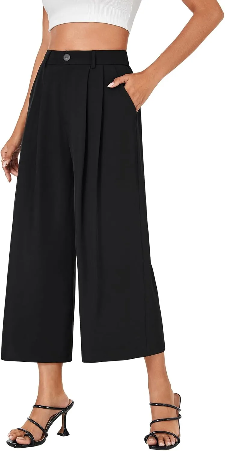 Vrtige Women's Casual High Waist Pleated Wide Leg Cropped Pants Trousers with Pocket