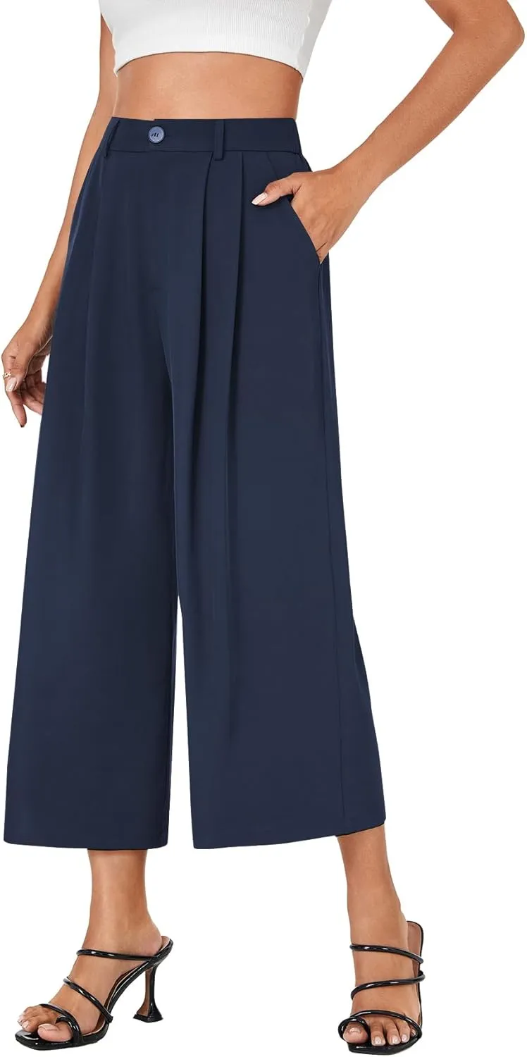 Vrtige Women's Casual High Waist Pleated Wide Leg Cropped Pants Trousers with Pocket